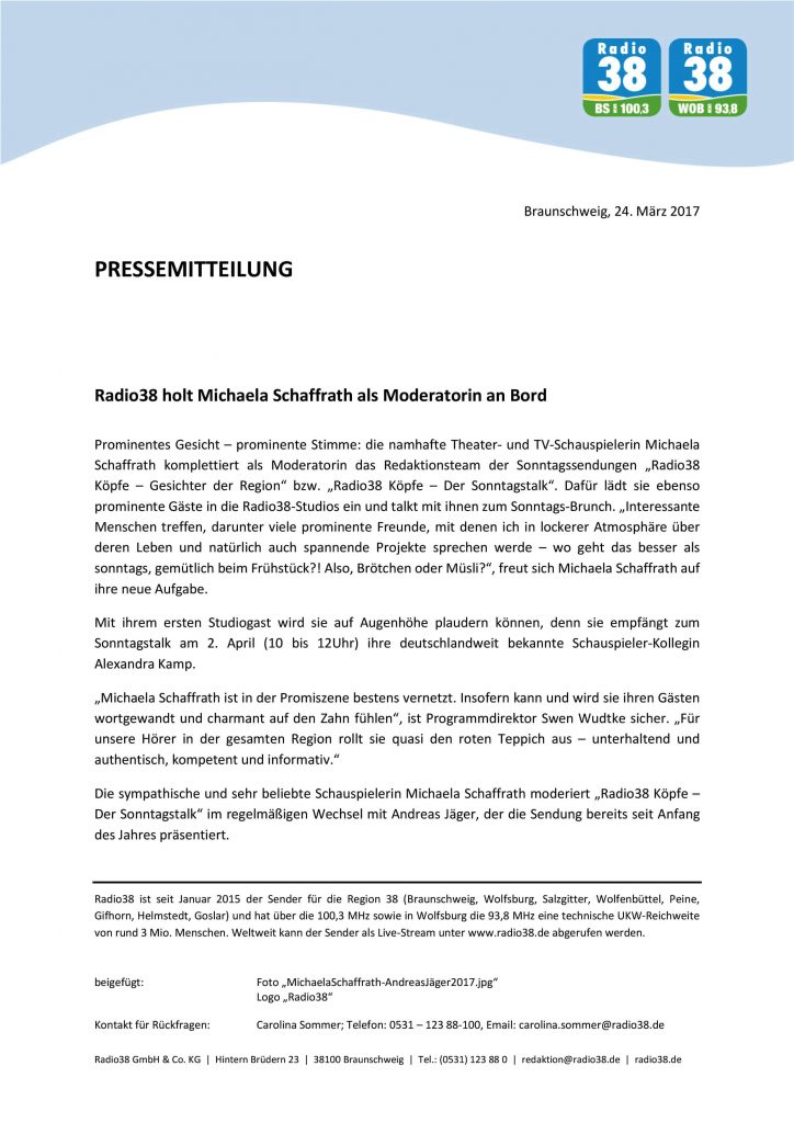 Michaela Schaffrath Radio 38 Pressemitteilung